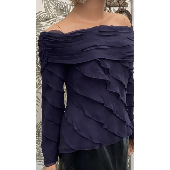 Tadashi Shoji Tops - Tadashi Shoji Off shoulder 100% Silk Ruffles Chiffon M 8 Dark Purple Romantic
